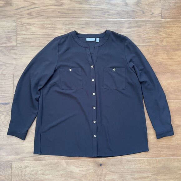 Susan Graver Tops - Susan Graver Shirt Size 16 Black Stretch Woven Button Front Long Sleeve Pockets